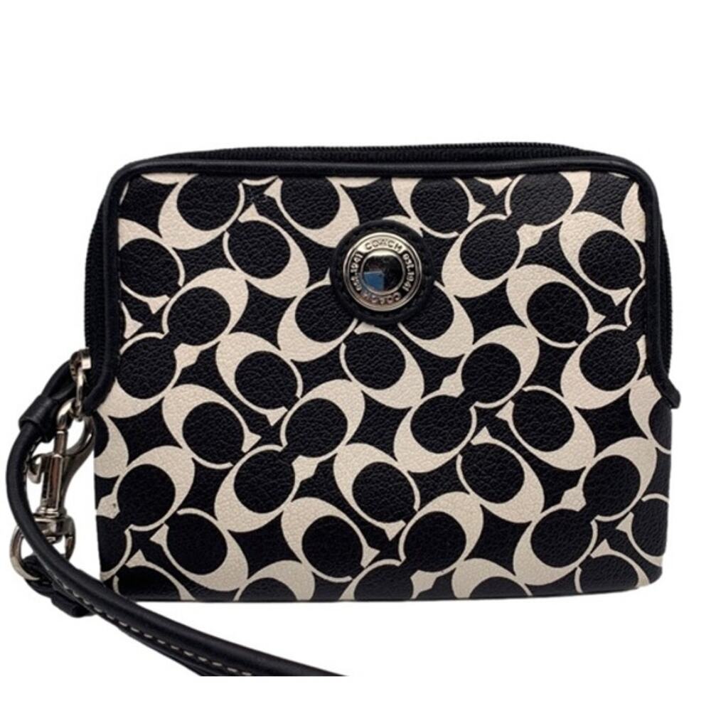 COACH Black White Signature Coated Canvas Wristlet